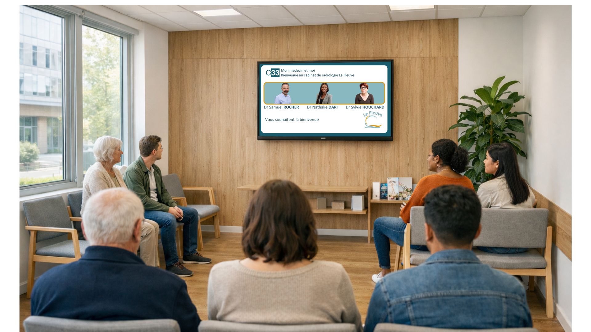 Écran TV Canal 33 en salle d'attente avec le programme et les messages du cabinet